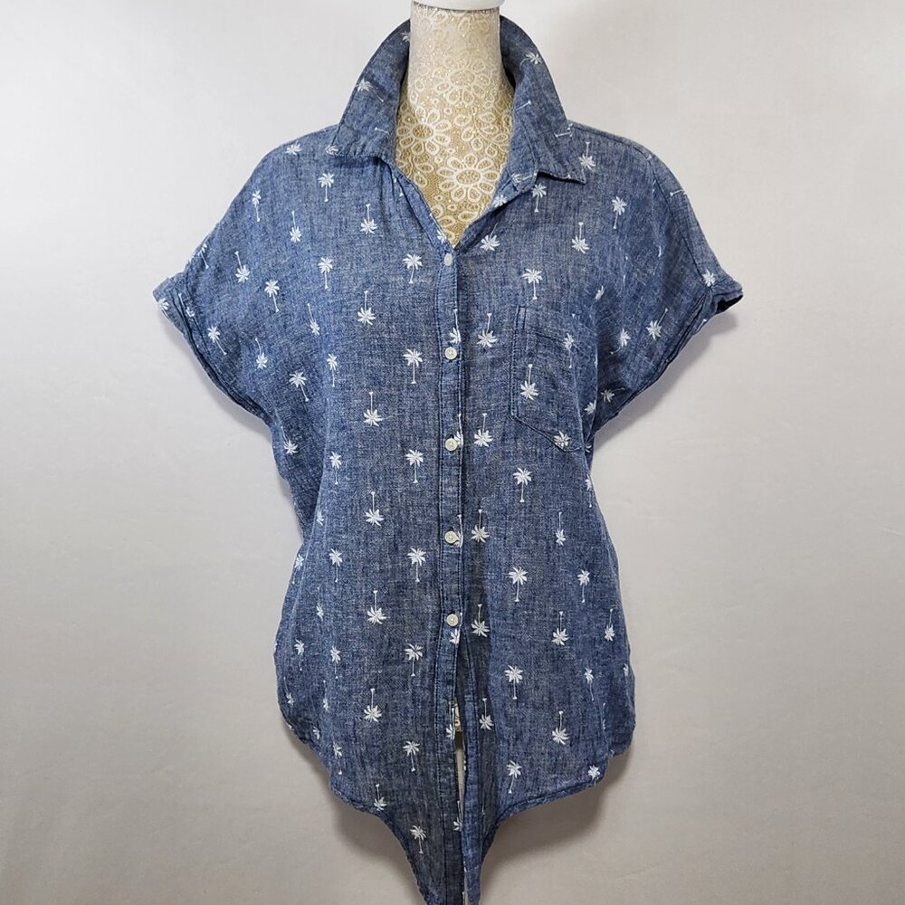 Old Navy Women's Large Denim Linen Blend Palm Tree Button-Down Tie-Front Shirt - Picture 2 of 16